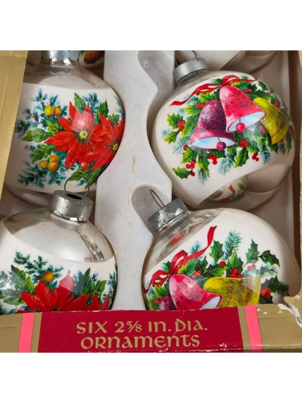 Vintage Corning 2.5 Glass Christmas Ornaments Set Of 6 With Holiday Designs & Or